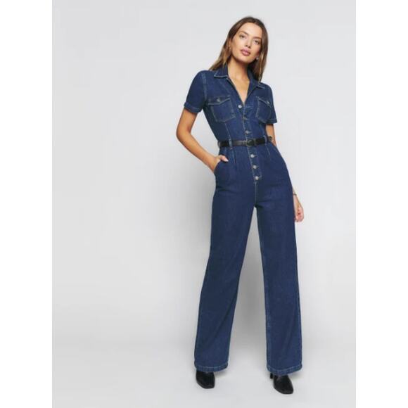 NEW Reformation Jeans James Denim Jumpsuit Straight Leg Button-Front Size 2 - Picture 2 of 8